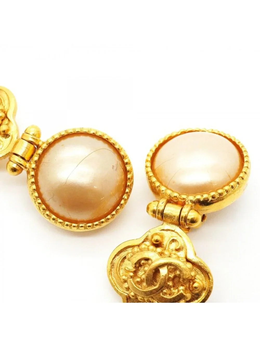 Chanel Earrings Vintage CC Logo Gold Plated Faux Pearl